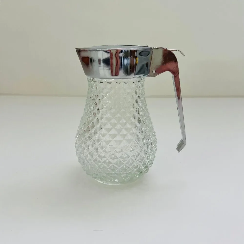 Vintage Diamond Point Glass Syrup Dispenser With Chrome Plated Lid Hinged Lever